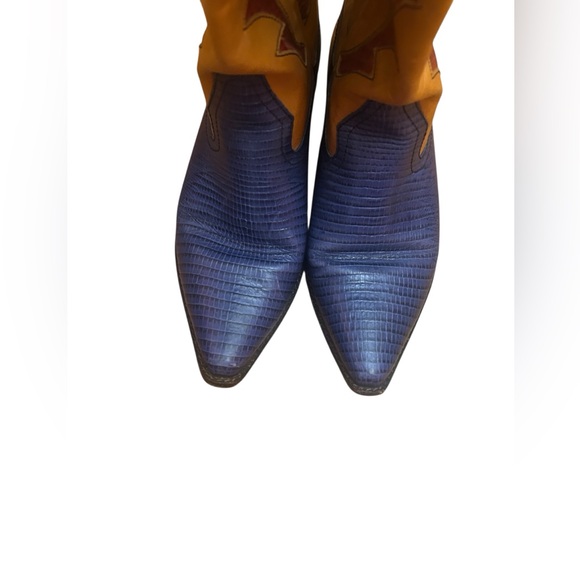 Rare 90s Hunt Club "Trisha" Leather Flame Cowboy Boots Blue Yellow Size 7M VTG - Picture 6 of 13